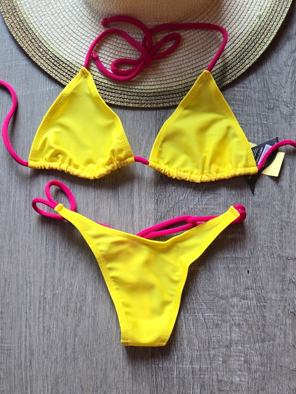 NWT Yellow & Pink Triangle Bikini Set Thong - Women Swim. Small